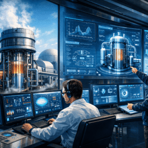 Nuclear reactor design training showing a modern reactor core and control systems in an engineering learning environment