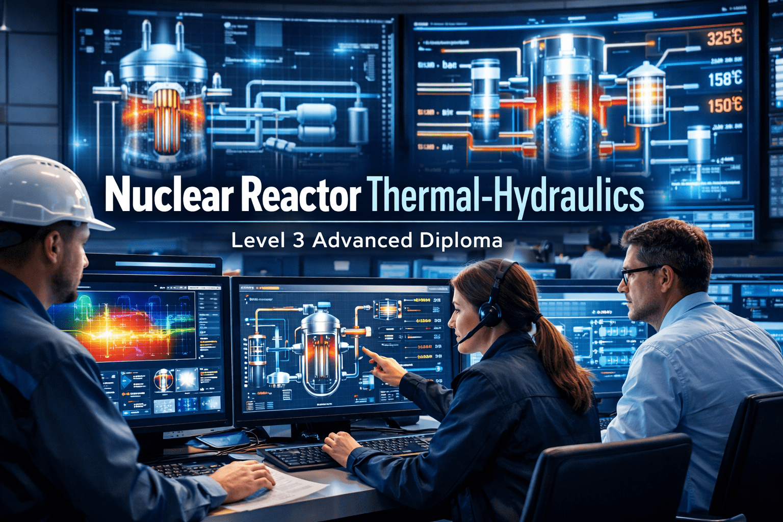 Nuclear reactor thermal hydraulics training showing heat transfer systems, coolant flow and digital reactor control screens