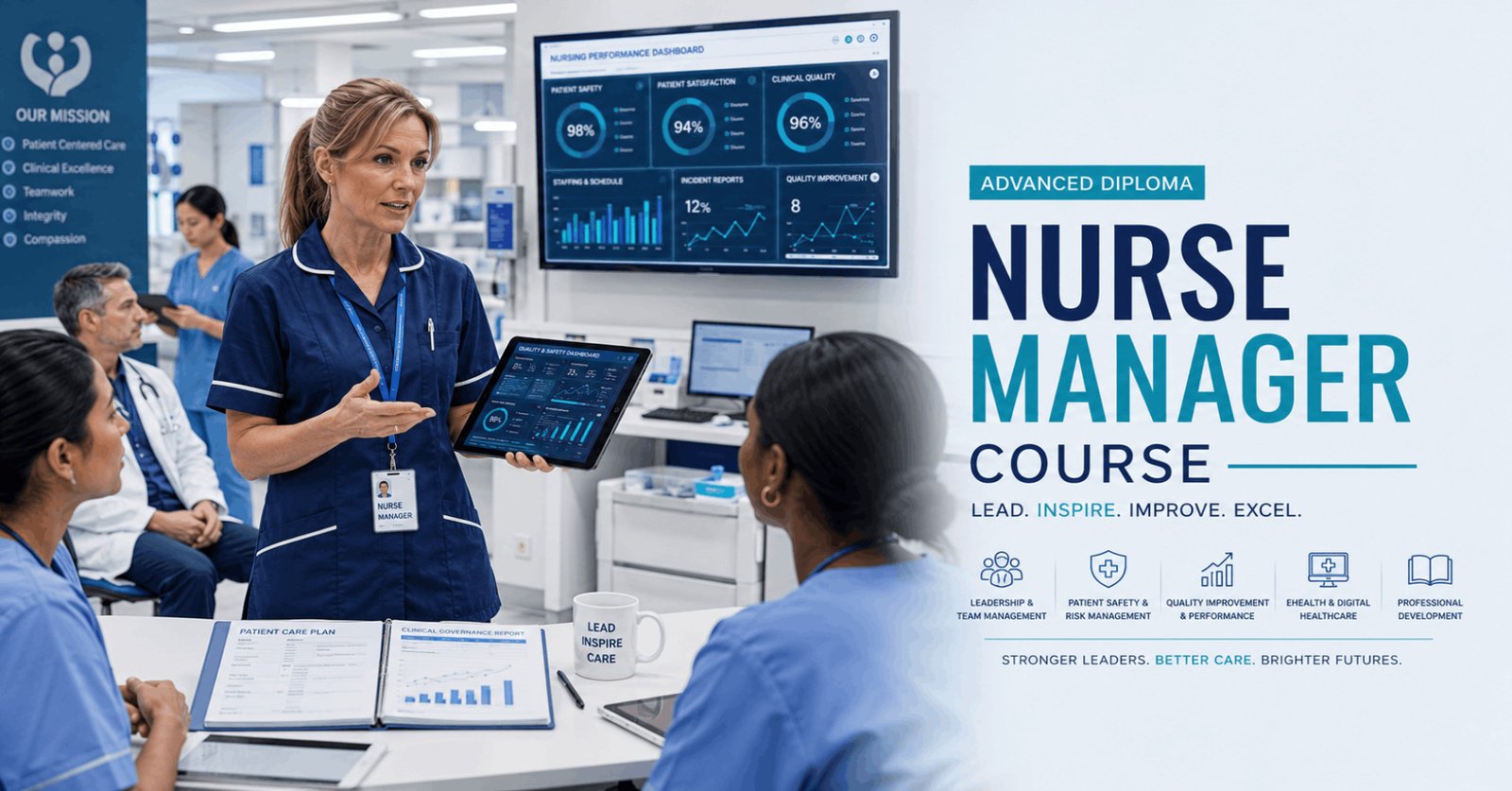 Nurse Manager Course featuring a nurse leader overseeing a healthcare team in a modern hospital with digital patient records.