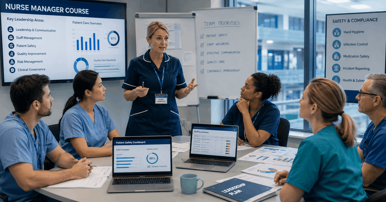 Professional nurse manager course training session in a modern healthcare leadership environment