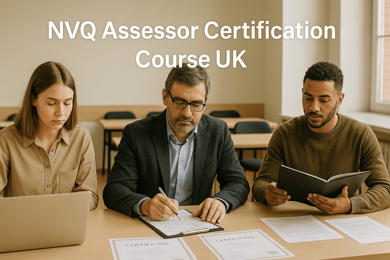 Professional NVQ assessor evaluating learner portfolios during assessment training session in the UK.