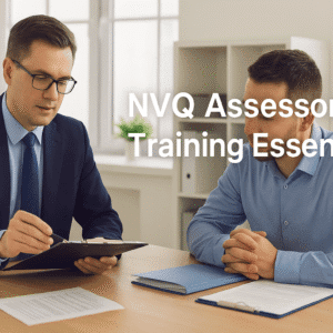 Professional NVQ assessor reviewing learner portfolios during assessment session, NVQ Assessor Training Essentials course.