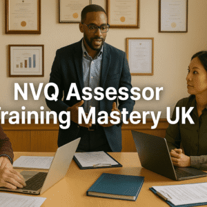 NVQ assessor training session with learners reviewing portfolios in a UK classroom