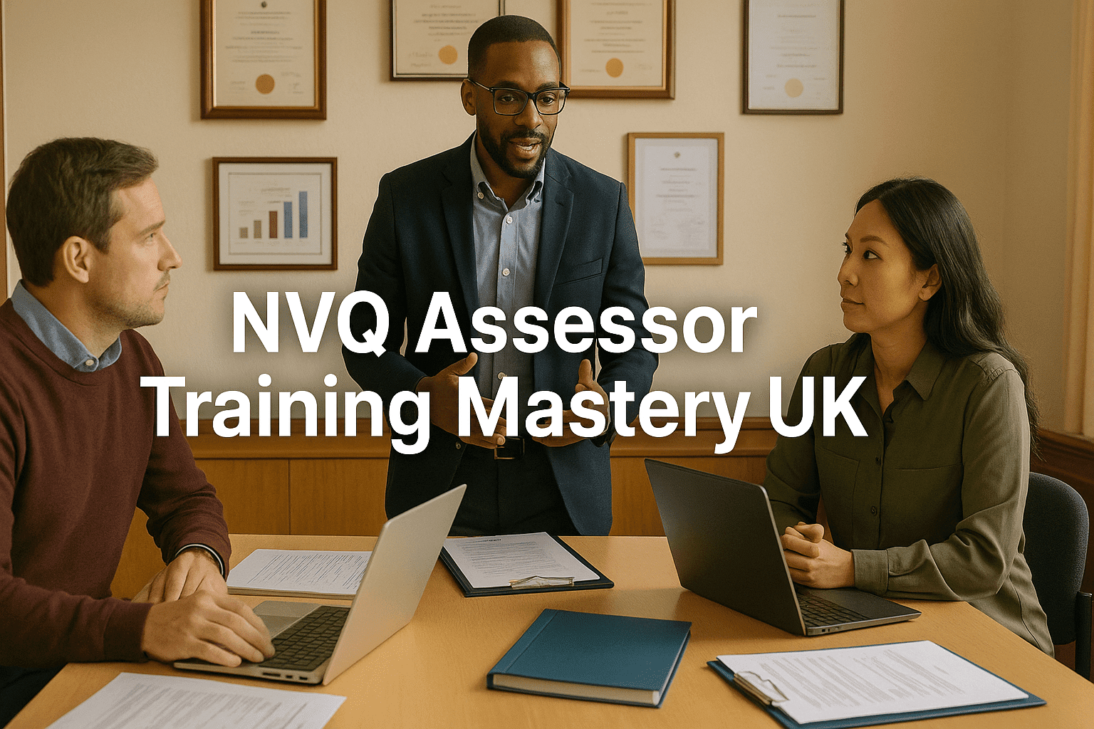 NVQ assessor training session with learners reviewing portfolios in a UK classroom