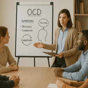 parents learning OCD awareness strategies with a mental health expert in a calm setting