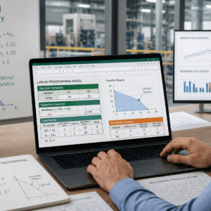 Operations research course showing optimisation models, linear programming charts, and industrial data analysis