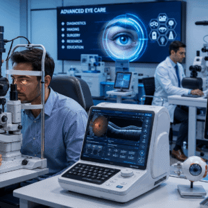 Eye specialist performing advanced diagnostic testing during an Ophthalmology Course session