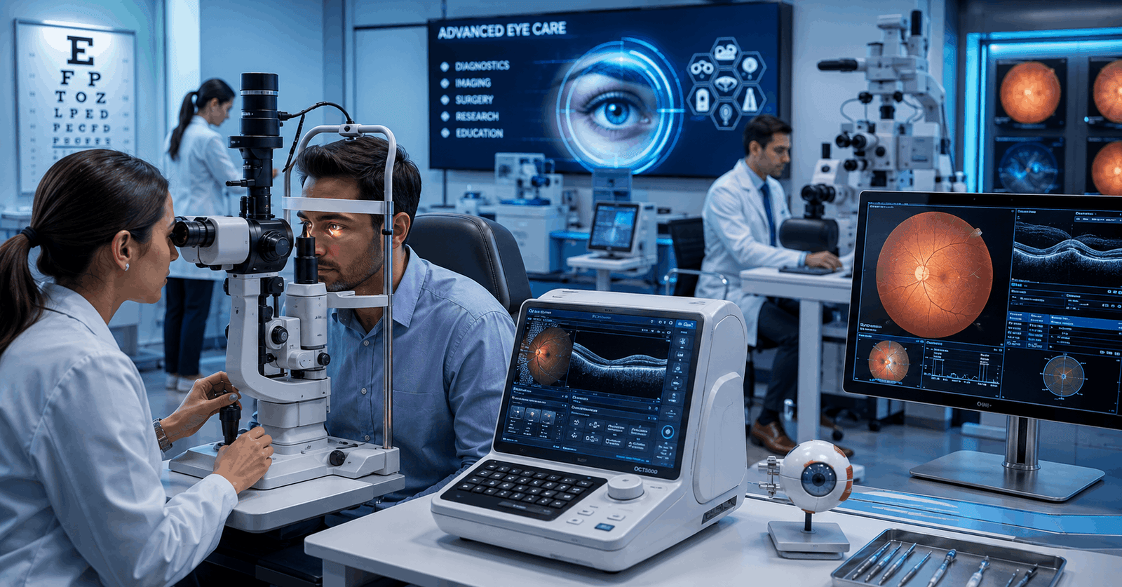 Eye specialist performing advanced diagnostic testing during an Ophthalmology Course session