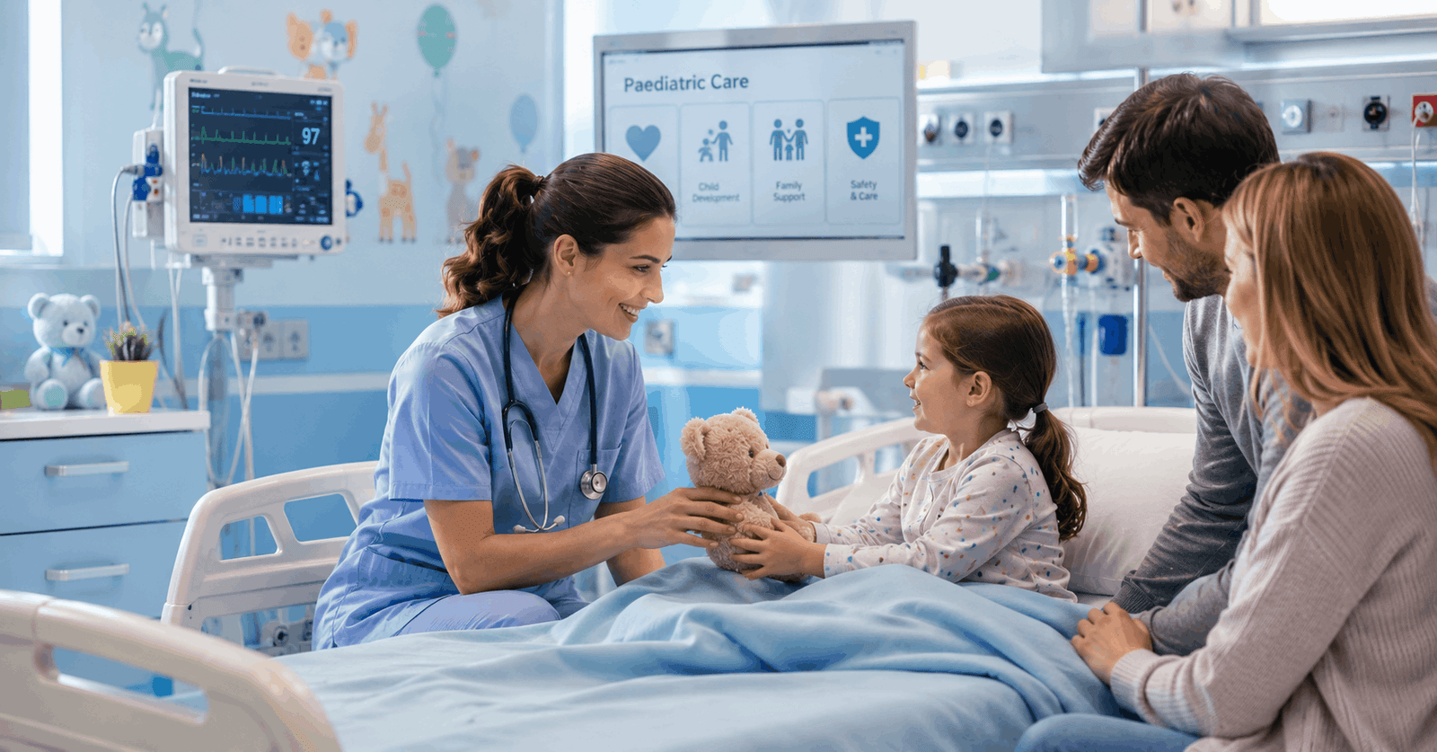 Paediatric healthcare professional caring for a child in a modern paediatric care environment