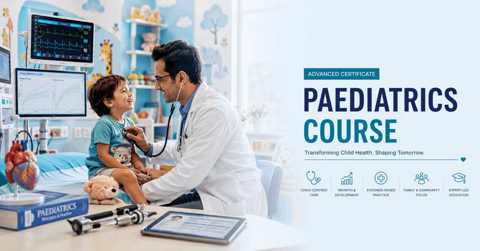 Paediatrics Course featuring a paediatrician examining a child in a modern children's hospital with advanced medical equipment.