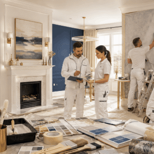 Painting and Decorating Course showing professional painters applying finishes and wallpaper in modern interiors