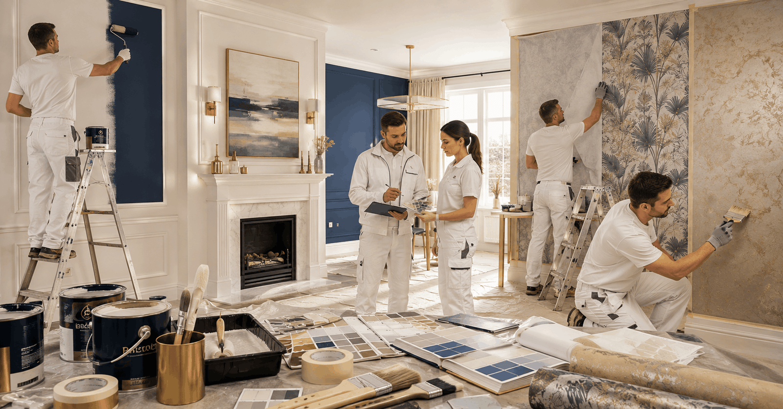 Painting and Decorating Course showing professional painters applying finishes and wallpaper in modern interiors
