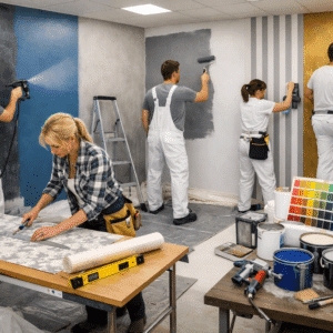 Students training in painting and decorating diploma with professional tools, wall finishes and wallpapering practice