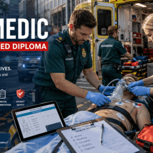 Paramedic Diploma training showing emergency responders treating patients in a modern ambulance setting