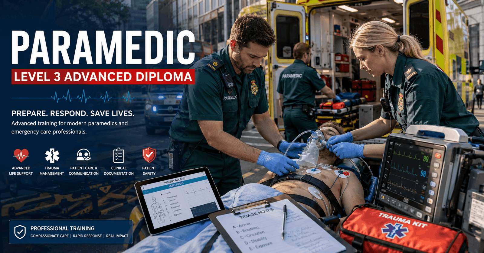 Paramedic Diploma training showing emergency responders treating patients in a modern ambulance setting