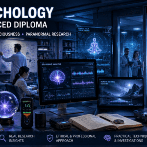 Parapsychology Diploma study environment with paranormal research tools and consciousness investigation themes