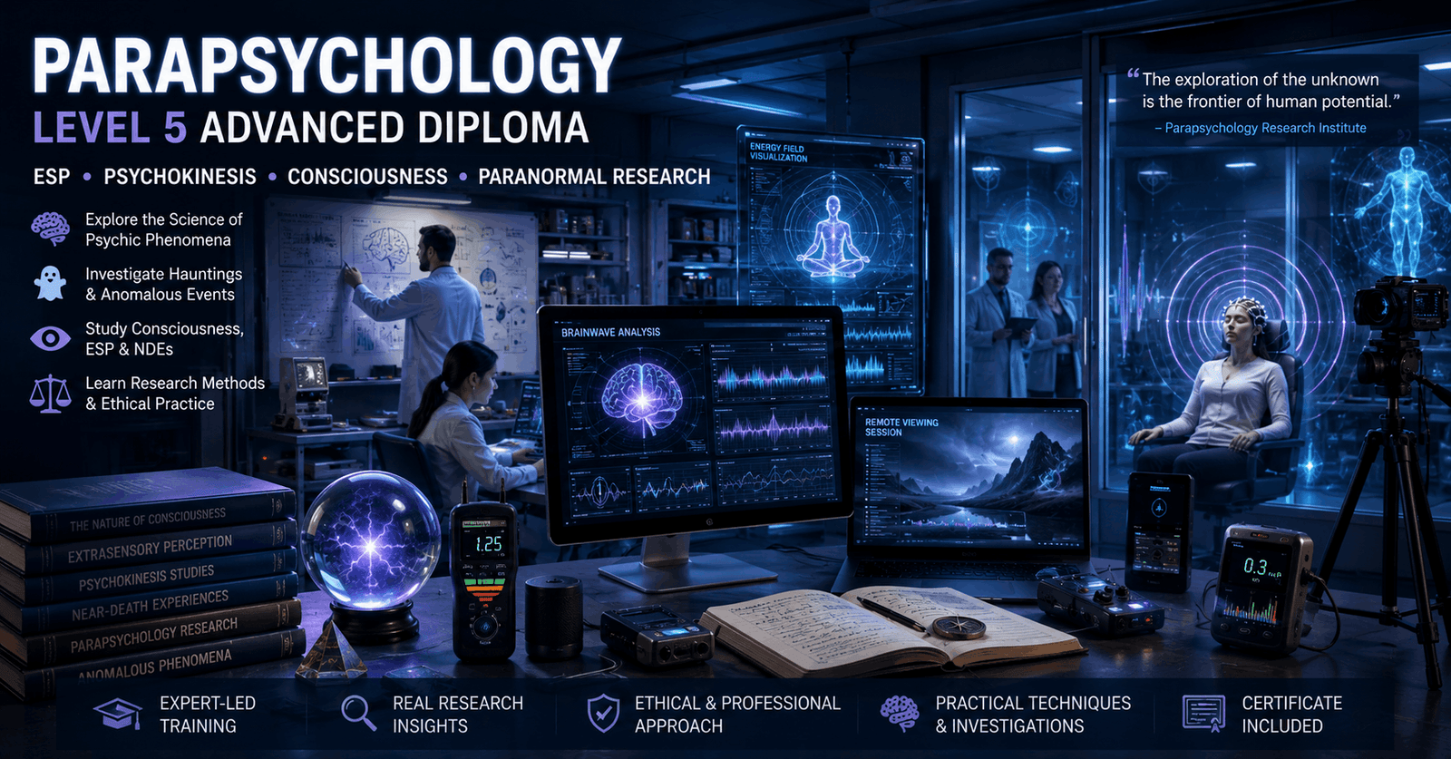 Parapsychology Diploma study environment with paranormal research tools and consciousness investigation themes