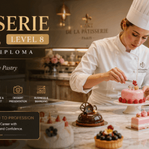 Professional pastry chef creating luxury desserts in a Patisserie Course training kitchen
