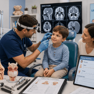 Pediatric ENT specialist examining child patient in modern healthcare clinic environment