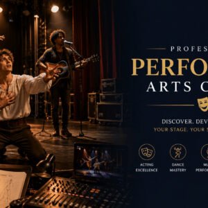 Performing Arts Course featuring actors, dancers, and musicians rehearsing on a professional theatre stage.