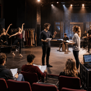Performing Arts Diploma students rehearsing theatre, dance, and music performance on a modern stage