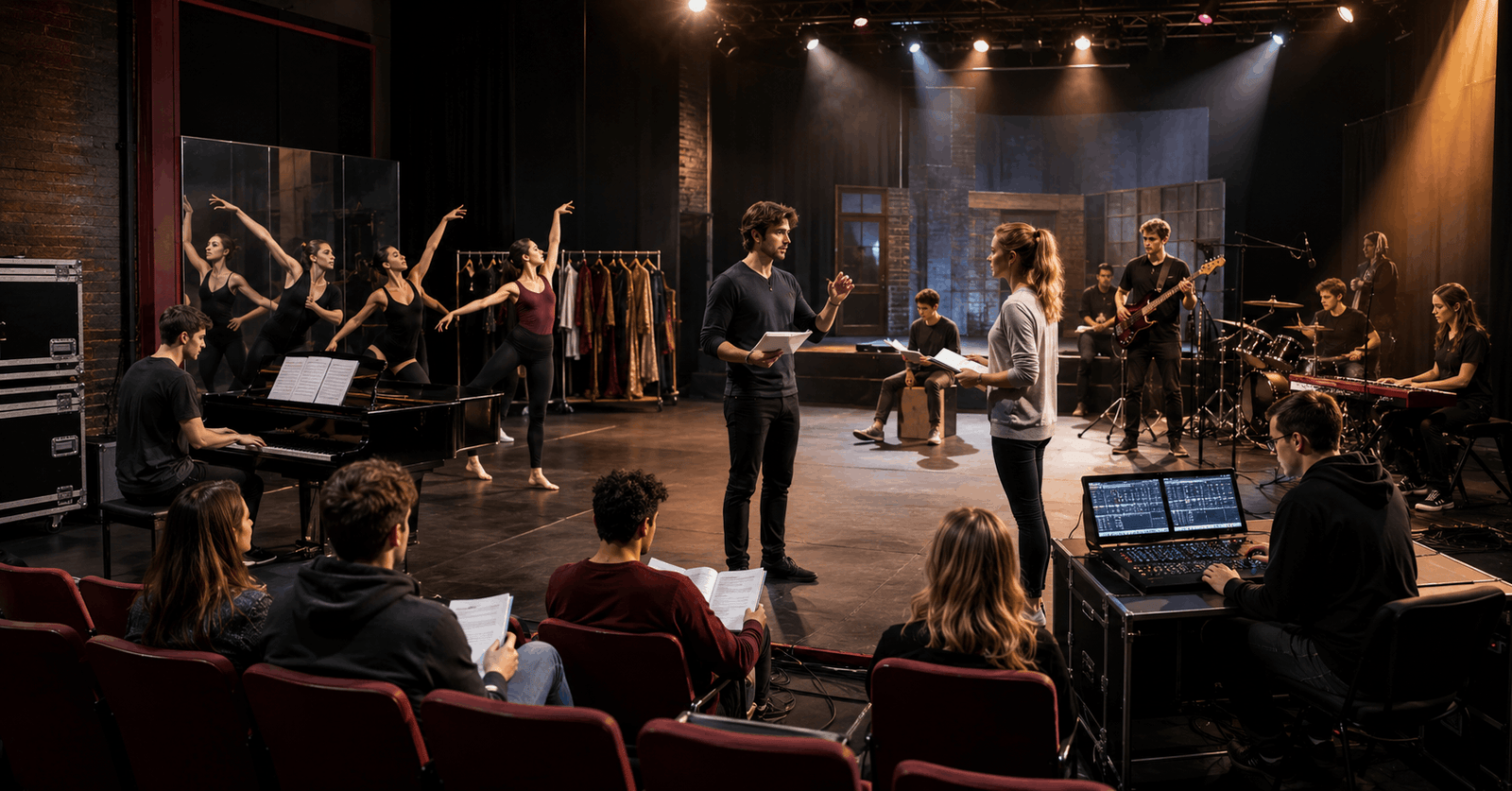 Performing Arts Diploma students rehearsing theatre, dance, and music performance on a modern stage