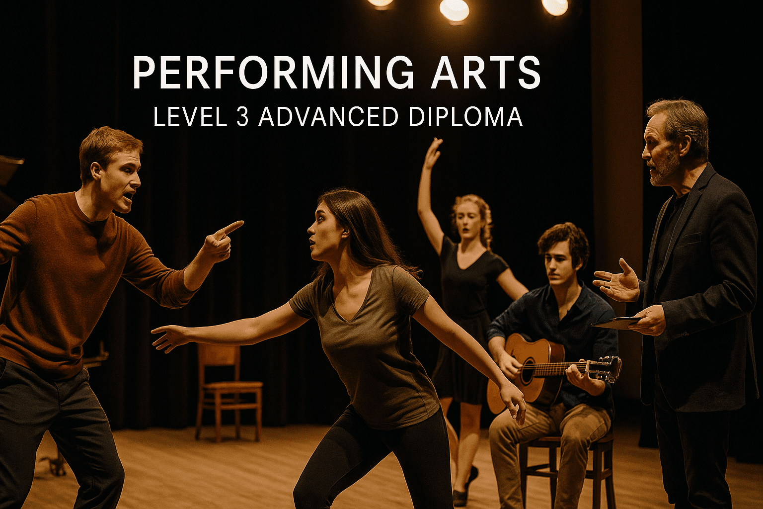 Students performing acting, dance, and music on stage in a UK college performing arts diploma class