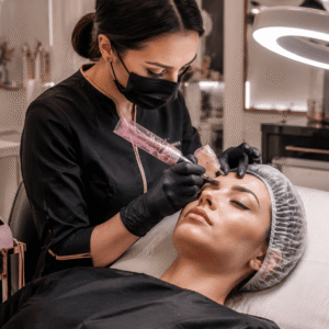 Professional beauty artist performing eyebrow treatment in a permanent makeup course studio