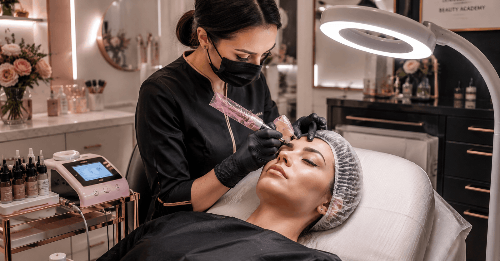 Professional beauty artist performing eyebrow treatment in a permanent makeup course studio