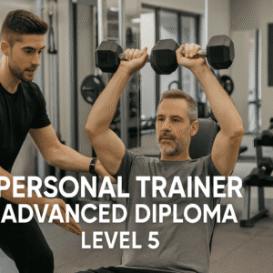 Personal Trainer Advanced Diploma Level 5 showing trainer guiding client with weights in modern UK gym