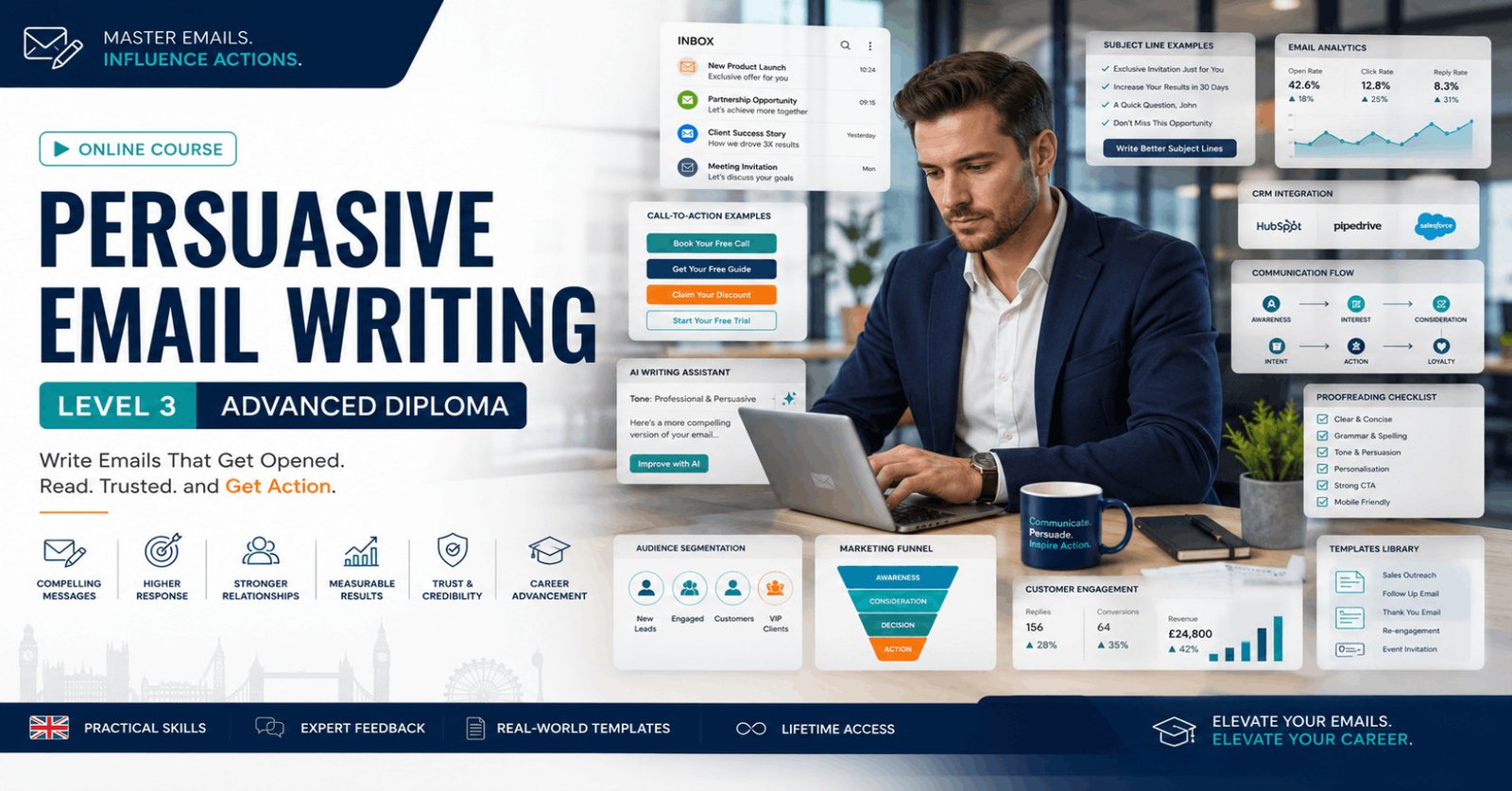 Professional Persuasive Email Writing course featuring email strategy, copywriting, business communication, and marketing tools.