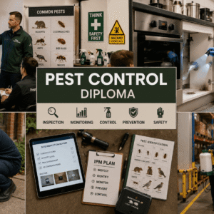 Pest Control Diploma training scene with pest inspection, safety equipment, and modern pest management practices