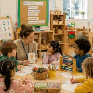 PGCE Early Years trainee teacher guiding young children in a modern UK early years classroom