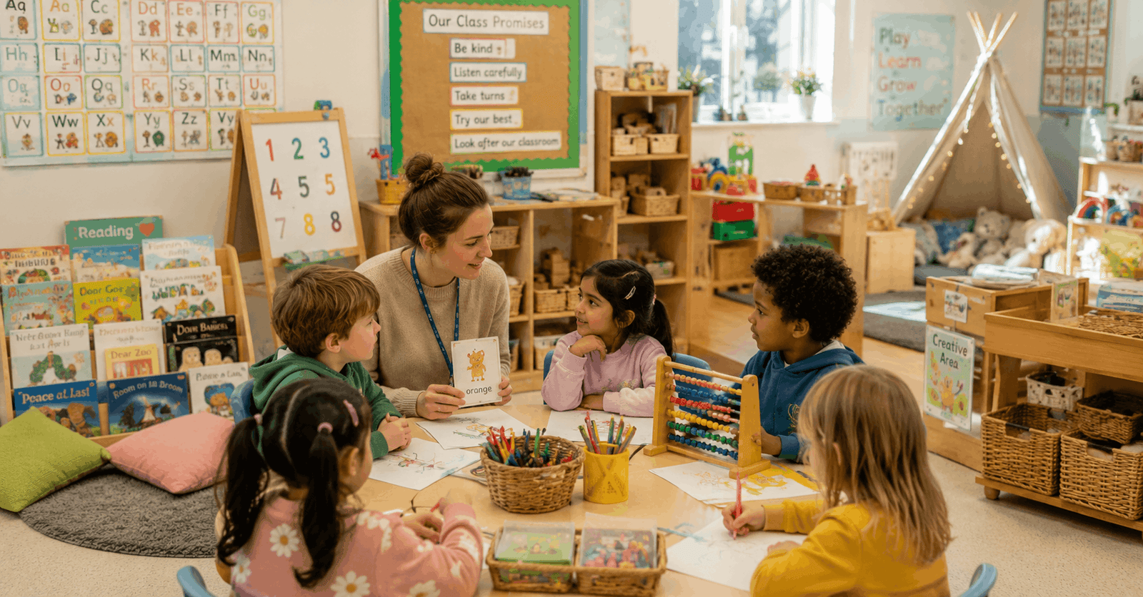 PGCE Early Years trainee teacher guiding young children in a modern UK early years classroom