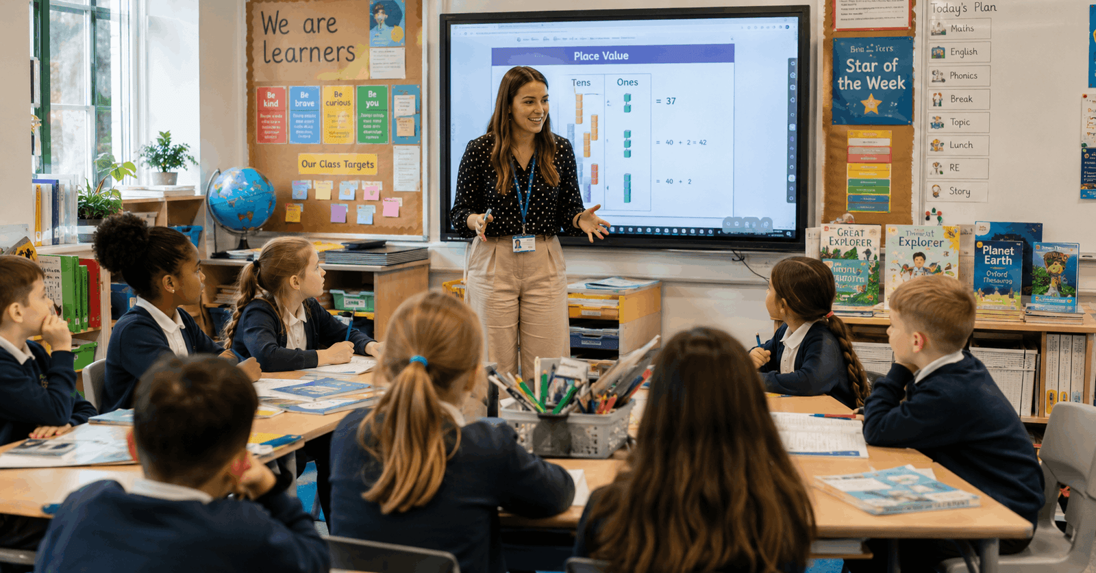 PGCE Primary Education trainee teacher leading an interactive primary school classroom lesson in the UK