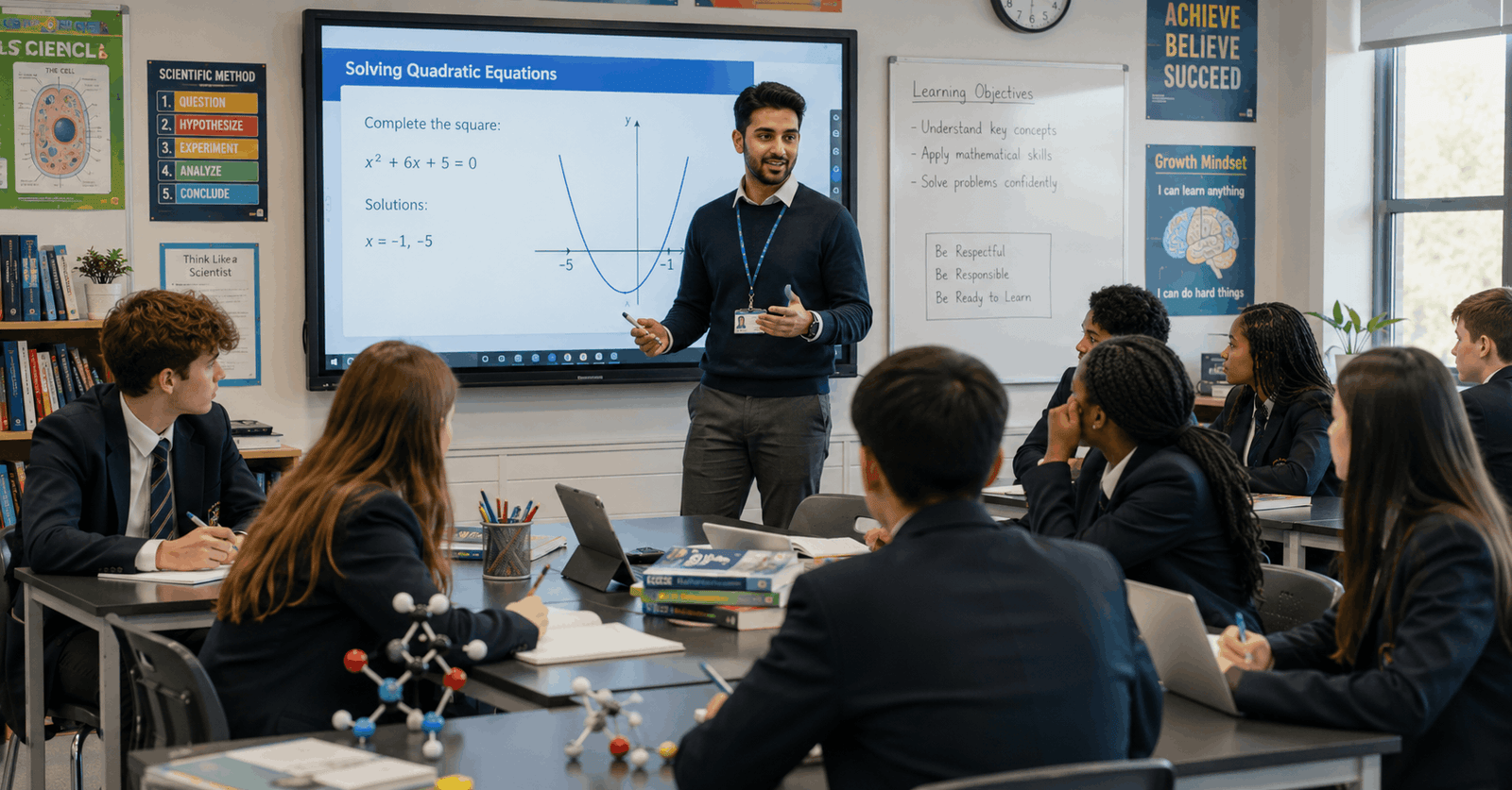 PGCE Secondary Education trainee teacher leading an interactive lesson in a modern UK secondary classroom