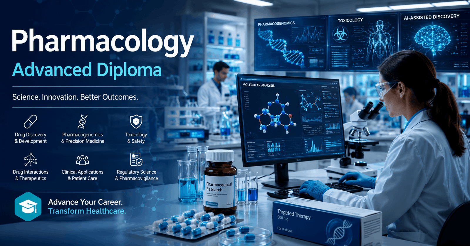 Pharmacology Advanced Diploma course showing modern drug research, laboratory science, and clinical pharmacology