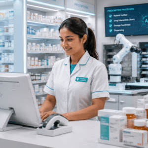 Pharmacy technician working with medication management and digital pharmacy systems in a modern pharmacy