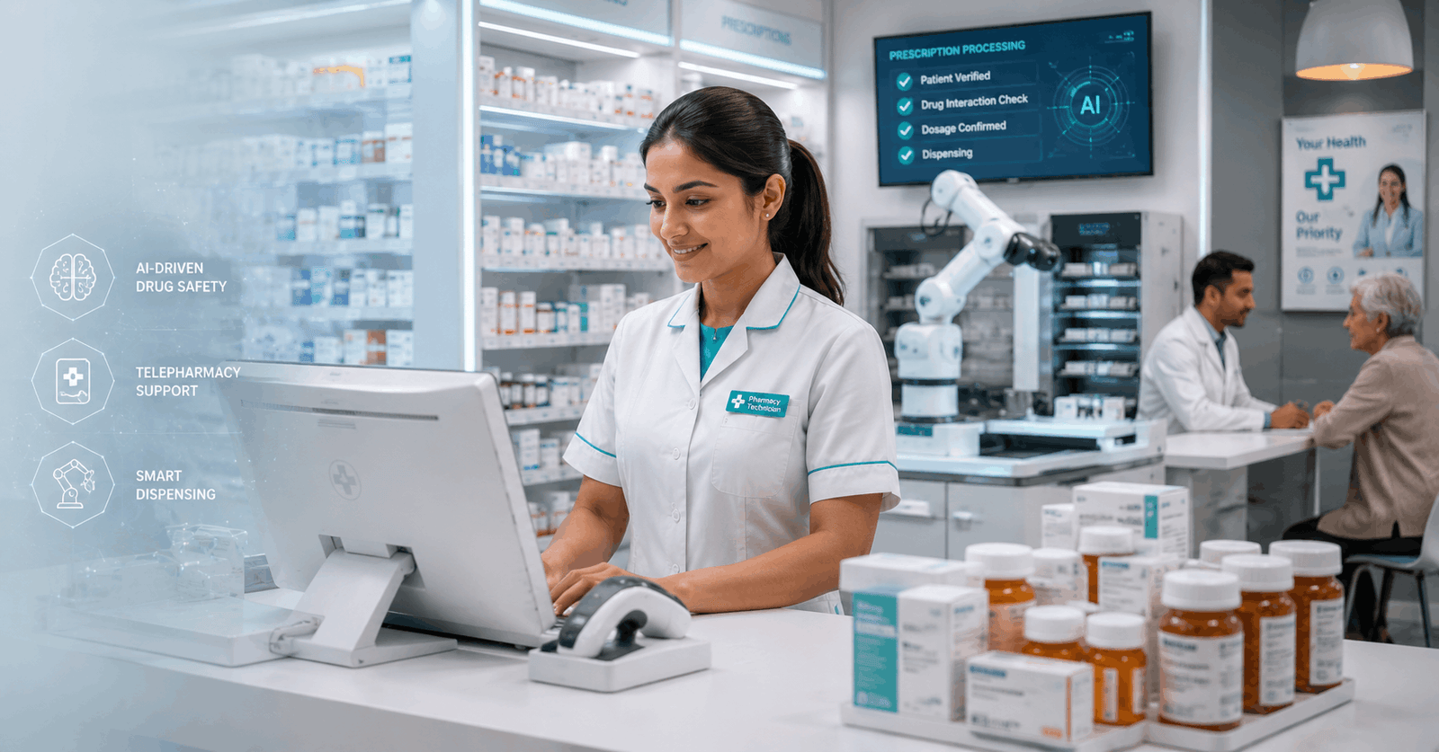 Pharmacy technician working with medication management and digital pharmacy systems in a modern pharmacy
