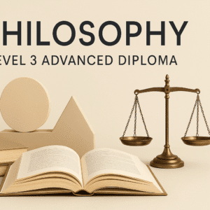 Philosophy diploma course image showing books, scales, and abstract symbols for metaphysics and ethics.