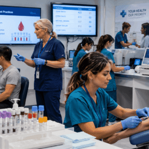 Phlebotomy Diploma students practising blood collection techniques in a modern clinical laboratory environment
