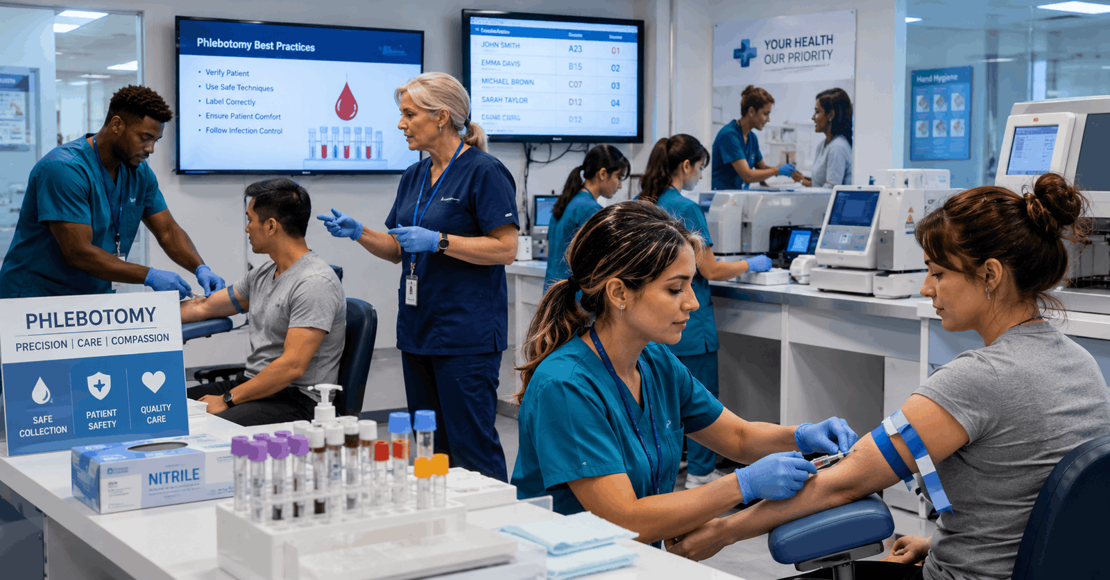 Phlebotomy Diploma students practising blood collection techniques in a modern clinical laboratory environment