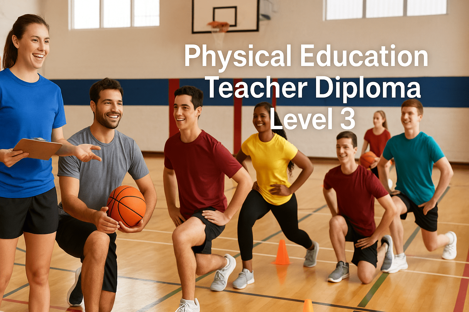 Physical Education Teacher Diploma students leading sports and fitness training in a modern UK school gym.