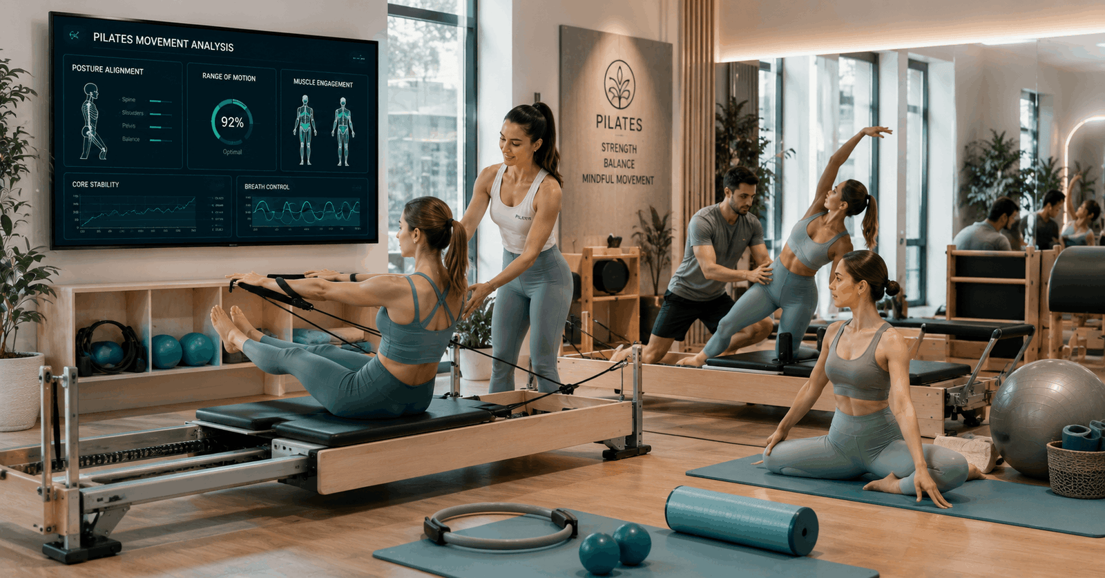 Pilates Instructor Diploma class with reformer exercises and professional Pilates training environment