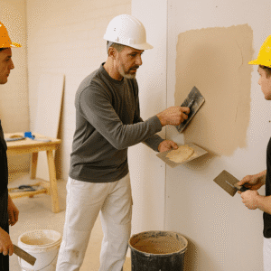 Instructor teaching plastering techniques to students with tools and plasterboard in a bright workshop