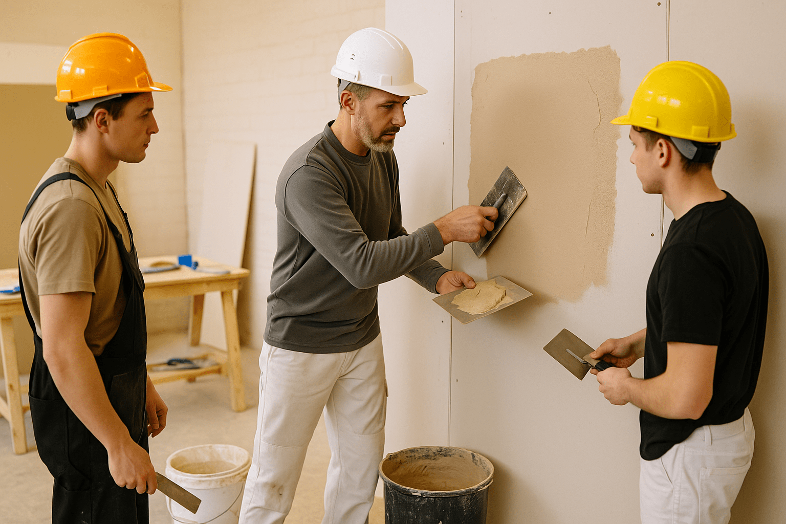Instructor teaching plastering techniques to students with tools and plasterboard in a bright workshop