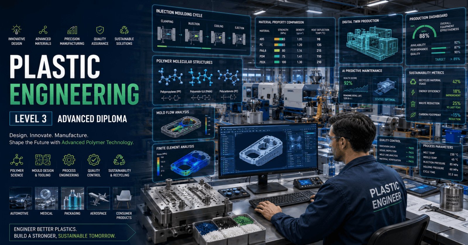Plastic engineer designing polymer products using CAD and manufacturing systems during Plastic Engineering Diploma training.