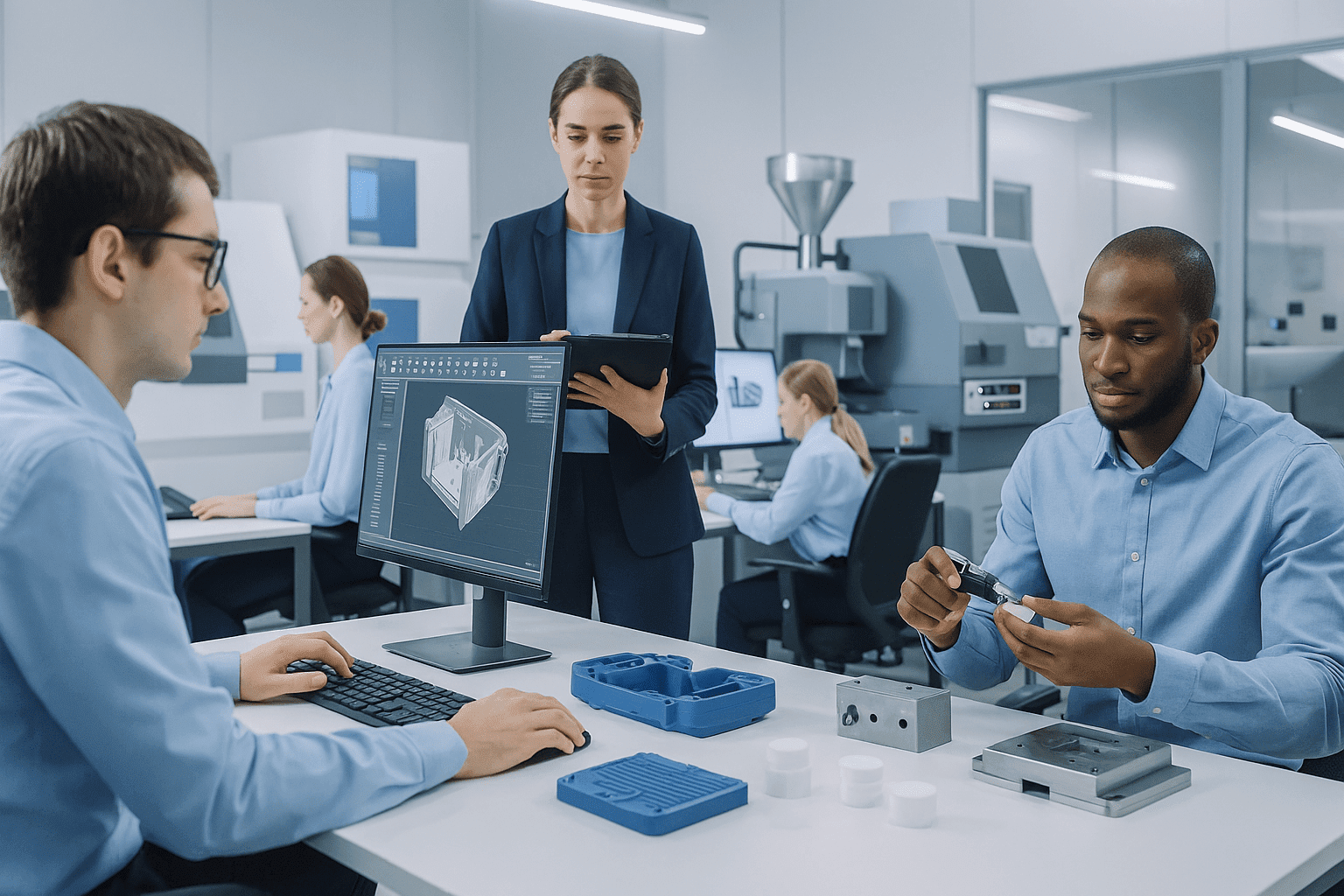Plastic engineering course showing engineers using CAD and polymer testing tools in a modern lab.