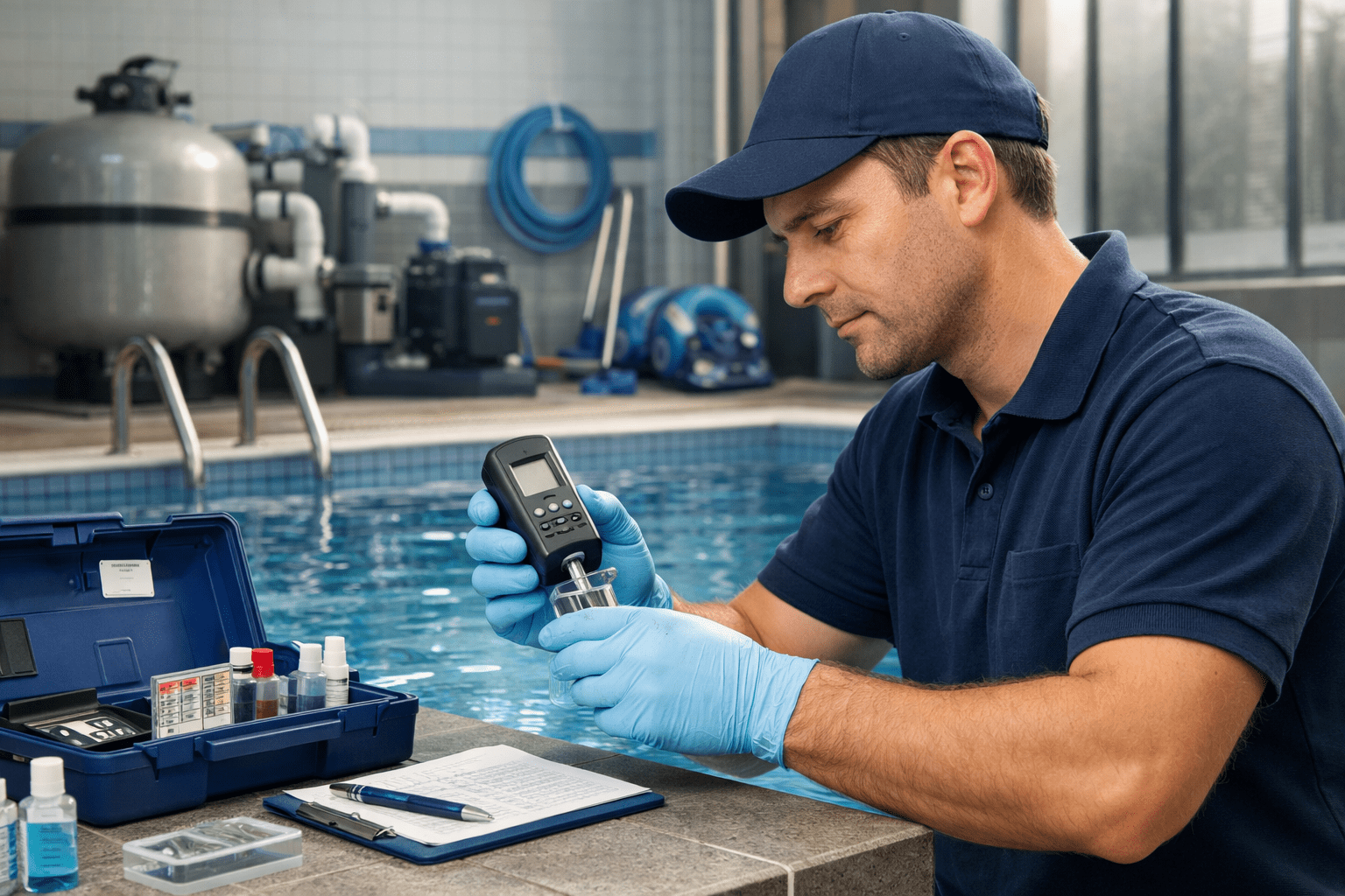 Professional technician performing water testing during Pool Maintenance Diploma Level 3 training