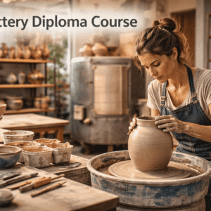 Pottery Diploma Course showing an artist shaping clay on a wheel inside a professional pottery studio